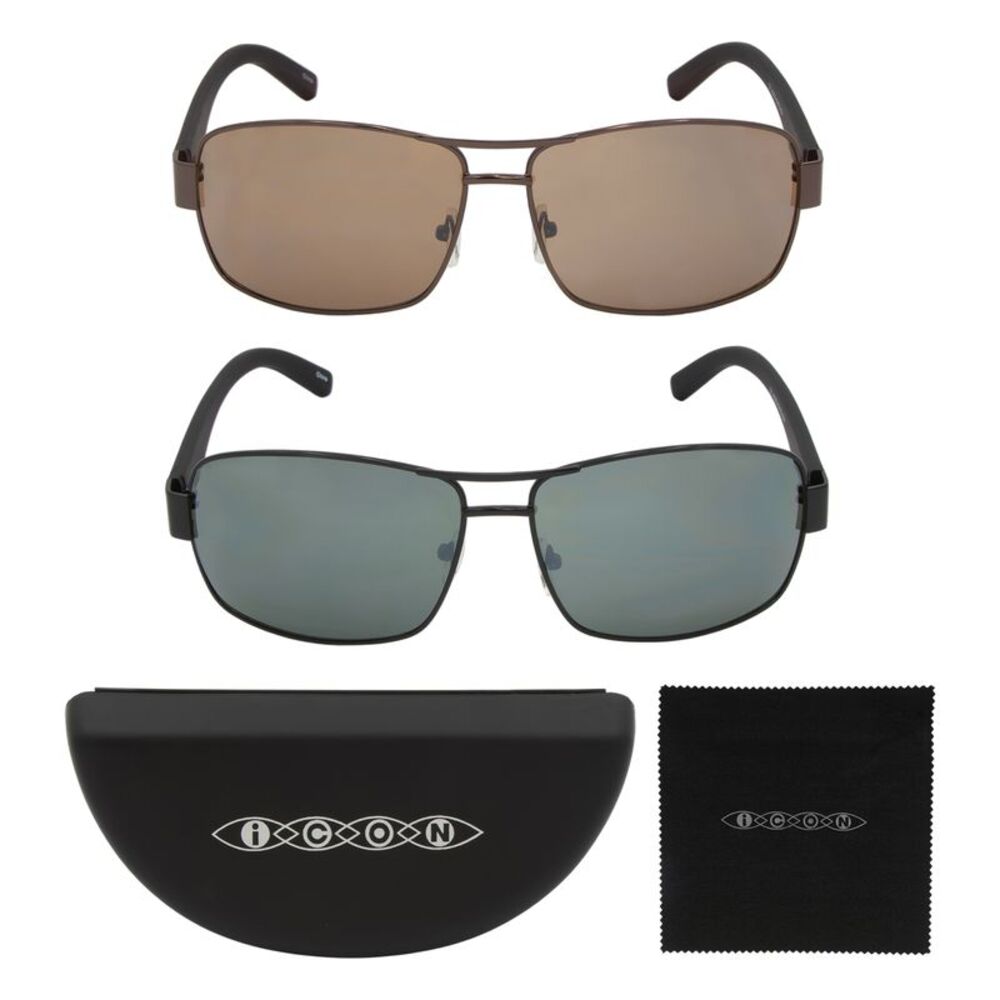 ICON Men's 2 Pack Sunglasses Set in Black/Bronze with Case & Cleaning Cloth
